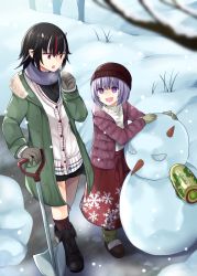 Rule 34 | 2girls, beanie, black footwear, black hair, boots, breath, buttons, cardigan, carrot, casual, coat, contemporary, day, from above, full body, gloves, grey horns, hair between eyes, hat, highres, horns, kijin seija, mimoto (aszxdfcv), multicolored hair, multiple girls, open mouth, outdoors, purple eyes, purple hair, red eyes, red hair, red skirt, shovel, skirt, smile, snowflake print, snowing, snowman, standing, streaked hair, sukuna shinmyoumaru, touhou, white hair, winter, worktool