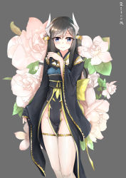 Rule 34 | 1girl, absurdres, alternate costume, asashio (kancolle), black hair, black kimono, blue eyes, blush, clothes between thighs, cosplay, dated, dragon horns, embarrassed, fang, fate/grand order, fate (series), floral background, grey background, hair between eyes, highres, horns, japanese clothes, kantai collection, kimono, kiyohime (fate), kiyohime (fate) (cosplay), kiyohime (third ascension) (fate), kuriko, long hair, looking at viewer, obi, open mouth, pelvic curtain, sash, short kimono, simple background, solo, text focus, thighhighs, white thighhighs, wide sleeves