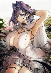 Rule 34 | 1girl, absurdres, arm up, armpits, blue hair, blush, breast curtains, breasts, brooch, chain, chain headband, cleavage, dress, elf, hair intakes, head chain, highres, hololive, hololive english, huge breasts, jewelry, looking at viewer, ouro kronii, pointy ears, short hair, solo, thigh strap, thighs, virtual youtuber, vyragami, white dress