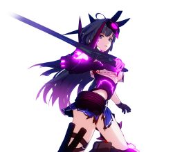 Rule 34 | 3d, benghuai xueyuan, black eyes, black gloves, black hair, boots, breasts, contrapposto, crop top, crop top overhang, from side, gauntlets, gloves, glowing, honkai (series), knee boots, leg up, looking at viewer, mask, mask on head, official art, parted lips, raiden mei, raiden mei (lightning empress), ribbon trim, single gauntlet, single glove, skirt, solo, standing, sword, thigh strap, torn clothes, torn skirt, transparent background, underboob, underbust, weapon