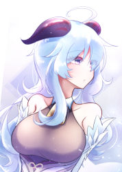 Rule 34 | 1girl, absurdres, bare shoulders, bell, blue hair, breasts, detached sleeves, ganyu (genshin impact), genshin impact, hair over eyes, highres, horns, large breasts, long hair, looking to the side, neck bell, purple eyes, sidelocks, solo, sopranino, upper body, white sleeves
