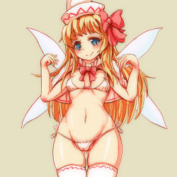 Rule 34 | 1girl, bikini, blonde hair, blue eyes, bow, bowtie, breasts, brown background, cameltoe, capelet, cleavage, cleft of venus, closed mouth, cowboy shot, fairy wings, groin, hair bow, kaabon meshi, lily white, long hair, looking at viewer, navel, red bow, red bowtie, simple background, skindentation, small breasts, smile, solo, standing, swimsuit, thighhighs, thighs, touhou, white bikini, white capelet, white headwear, white thighhighs, white wings, wings
