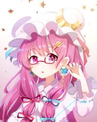 Rule 34 | ametama (runarunaruta5656), bad id, bad twitter id, blue ribbon, crescent moon, earrings, glasses, gradient background, hair ornament, hand up, hat, hat ribbon, highres, jewelry, mob cap, moon, multicolored nails, nail polish, open mouth, patchouli knowledge, planet hair ornament, purple background, purple eyes, purple hair, red ribbon, ribbon, simple background, touhou