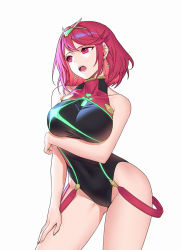Rule 34 | 1girl, arm under breasts, bare shoulders, black one-piece swimsuit, bob cut, bodysuit, breasts, chest jewel, circlet, competition swimsuit, earrings, halterneck, hand on own thigh, hand on thigh, highleg, jewelry, large breasts, leotard, one-piece swimsuit, open mouth, pyra (pro swimmer) (xenoblade), pyra (xenoblade), red hair, red one-piece swimsuit, siun, solo, swept bangs, swimsuit, thighs, white background, xenoblade chronicles (series), xenoblade chronicles 2