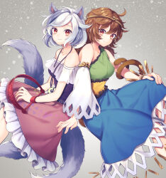 Rule 34 | 2girls, animal ears, bare shoulders, bear trap, blue dress, bracelet, brown hair, circlet, closed mouth, commentary request, commission, detached sleeves, dog ears, dog girl, dog tail, dress, feet out of frame, frilled skirt, frills, green dress, grey hair, hand on own knee, highres, jewelry, long hair, looking at viewer, mitsugashira enoko, monkey tail, multicolored clothes, multicolored dress, multicolored hair, multiple girls, multiple tails, off-shoulder shirt, off shoulder, pink skirt, purple shirt, red eyes, shirt, short hair, single detached sleeve, skeb commission, skirt, smile, son biten, streaked hair, tail, tomobe kinuko, touhou, white hair, white sleeves, yellow dress