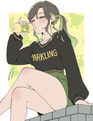 Rule 34 | 1girl, belt, black sweater, blush, bottle, breasts, brick wall, brown belt, brown hair, crossed legs, drinking, earrings, eyeshadow, green eyes, green hair, green nails, green shorts, highres, holding, holding bottle, jewelry, long sleeves, makeup, maria komaki, medium breasts, multicolored hair, multicolored nails, nail polish, necklace, orange eyeshadow, original, ponytail, shorts, sitting, solo, streaked hair, sweater, yellow nails
