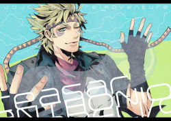 Rule 34 | 1boy, bad id, bad pixiv id, battle tendency, blonde hair, blue jacket, bubble, caesar anthonio zeppeli, character name, copyright name, facial mark, feather hair ornament, feathers, fingerless gloves, gloves, green eyes, feather hair ornament, headband, jacket, jojo no kimyou na bouken, letterboxed, male focus, mollo, neckerchief, one eye closed, ribbon, solo, wink