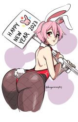 Rule 34 | 1girl, :p, ahoge, animal ears, ass, back, bare back, bare shoulders, brown pantyhose, commentary, cowboy shot, d-ryuu, detached collar, english commentary, english text, fake animal ears, fake tail, fishnet pantyhose, fishnets, from behind, hair between eyes, happy new year, highleg, highleg leotard, highres, holding, holding sign, huge ass, leotard, looking at viewer, looking back, new year, official alternate costume, original, pantyhose, pink hair, playboy bunny, purple background, rabbit, rabbit ears, rabbit tail, red eyes, red leotard, short hair, sign, signpost, simple background, solo, strapless, strapless leotard, tail, thick thighs, thighs, thong leotard, tongue, tongue out, twitter username, two-tone background, white background, wide hips, wrist cuffs