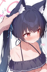 Rule 34 | 1girl, 1other, absurdres, animal ear fluff, animal ears, bikini, black bikini, black hair, blue archive, blush, breasts, cat ears, closed mouth, collarbone, e-note, extra ears, halo, highres, long hair, pink halo, red eyes, serika (blue archive), serika (swimsuit) (blue archive), simple background, small breasts, solo focus, spoken blush, swimsuit, twintails, upper body, white background