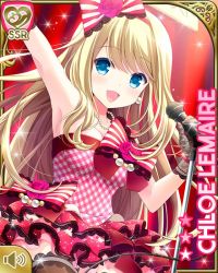 Rule 34 | 1girl, arm up, blonde hair, blue eyes, bow, card, character name, chloe lemaire, dress, girlfriend (kari), indoors, long hair, official art, open mouth, qp:flapper, red bow, red dress, skirt, smile, solo, striped, striped bow, tagme