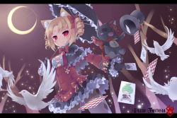 Rule 34 | 1girl, animal ears, argyle, argyle clothes, argyle legwear, bird, black gloves, black pantyhose, blonde hair, blush, borrowed character, breasts, card, cat ears, cleavage, crescent moon, drill hair, gloves, hat, looking at viewer, moon, original, pantyhose, photo (object), pixiv fantasia, pixiv fantasia new world, playing card, pomo (lino), pomo (lino-lin), red eyes, saru, short hair, smile, solo, standing, stuffed animal, stuffed cat, stuffed toy, top hat, twin drills, twintails, umbrella, vivi (saru)
