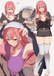 Rule 34 | &gt; &lt;, 1boy, 1girl, absurdres, armpits, azur lane, bald, black jacket, black nails, black shorts, blush, breast rest, breasts, bremerton (azur lane), bremerton (relaxation consultation) (azur lane), cleavage, clothing cutout, collarbone, colored inner hair, cup, ear piercing, fingernails, gluteal fold, grey hair, hair down, hayato rikin, highres, huge breasts, jacket, jacket over head, long hair, looking at viewer, lying, mole, mole on breast, mole under eye, multicolored hair, multiple views, nail art, nail polish, navel, navel cutout, navel piercing, off shoulder, official alternate costume, official alternate hairstyle, on side, open mouth, panties, piercing, pink eyes, pink nails, purple panties, purple tank top, red hair, shorts, smile, solo focus, stomach, streaked hair, tank top, thighhighs, toeless legwear, toes, two-tone hair, underwear, white background, white nails, white thighhighs