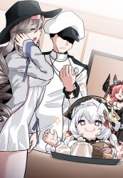 1boy 3girls azur_lane black_hat commander_(azur_lane) cross cross_hair_ornament detached_collar doughnut drooling dunkerque_(afternoon_venus)_(azur_lane) dunkerque_(azur_lane) eyewear_on_head flandre_(azur_lane) food food_on_head grey_hair hair_on_horn hair_ornament hair_over_one_eye hair_ribbon hat highres ice_cream iron_cross large_horns military_uniform mouth_drool multiple_girls object_on_head official_alternate_costume peaked_cap prinz_rupprecht_(azur_lane) purple_eyes red_ribbon ribbon sleeves_past_fingers sleeves_past_wrists smile sparkle sparkling_eyes sweets white_hair white_hat winterfall_(artenh)