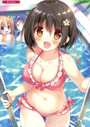 Rule 34 | 3girls, :&gt;, :d, ^ ^, absurdres, bikini, black hair, blonde hair, blue hair, blush, bob cut, breasts, brown eyes, brown hair, chibi, chibi inset, cleavage, closed mouth, collarbone, day, diffraction spikes, closed eyes, flower, frilled bikini, frills, hair flower, hair ornament, hairclip, halterneck, halterneck, highres, large breasts, looking at viewer, melonbooks, multiple girls, navel, open mouth, original, outdoors, pink bikini, pool, pool ladder, purple eyes, short hair, smile, solo focus, sparkle, suimya, swimsuit, tareme, thighs