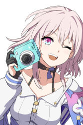 Rule 34 | 1girl, ani meso, archery shooting glove, black choker, black gloves, blue eyes, blue jacket, bra strap, breasts, buttons, camera, choker, collarbone, commentary request, dress shirt, flower ornament, gloves, gradient jacket, holding, holding camera, honkai: star rail, honkai (series), jacket, long sleeves, looking at viewer, march 7th (honkai: star rail), medium breasts, medium hair, off-shoulder jacket, off shoulder, one eye closed, open mouth, partially fingerless gloves, pink eyes, pink hair, pink jacket, shirt, simple background, single glove, smile, solo, teeth, two-tone eyes, upper teeth only, white background, white shirt
