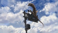 Rule 34 | 1girl, black hair, blue sky, cable, cloud, commentary, day, from behind, long hair, megame (okbnkn), monster, original, outdoors, road sign, shirt, short sleeves, sign, sitting, sky, spikes, tail, white shirt