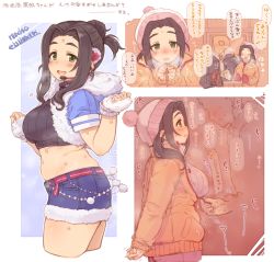 Rule 34 | 1boy, 1girl, 7010, beanie, belly, belt, black hair, black sweater, blue jacket, blush, breasts, character name, commentary request, cropped jacket, cropped sweater, ebihara naho, fur-trimmed jacket, fur-trimmed shorts, fur trim, green eyes, hat, headset, hood, hood down, hooded jacket, idolmaster, idolmaster cinderella girls, jacket, large breasts, looking at viewer, midriff, navel, necktie, open mouth, orange jacket, p-head producer, plump, producer (idolmaster), ribbed sweater, short shorts, short sleeves, shorts, smile, sweat, sweater, translation request, unzipping