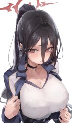 Rule 34 | 1girl, absurdres, black choker, black hair, blue archive, blue jacket, blush, breasts, choker, cleavage, closed mouth, collarbone, commentary, double-parted bangs, gym shirt, hair between eyes, halo, hasumi (blue archive), hasumi (track) (blue archive), highres, jacket, jun daniell, large breasts, long bangs, long sleeves, looking at viewer, mole, mole under eye, official alternate costume, official alternate hairstyle, open clothes, open jacket, partially unzipped, ponytail, red eyes, red halo, shirt, simple background, solo, upper body, white background, white shirt