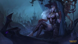 Rule 34 | 1girl, absurdres, black sclera, black thighhighs, breasts, cleavage, colored sclera, colored skin, copyright name, gaston aguilera, gloves, grey skin, highres, horns, logo, long hair, looking at viewer, medium breasts, official alternate costume, orange eyes, persephone (smite), persephone (smite) (oblivion ruler), red gloves, sitting, smite, solo, thighhighs, white hair