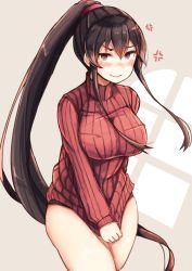 Rule 34 | 10s, 1girl, anger vein, angry, bare legs, black hair, black panties, blush, breasts, brown hair, closed mouth, clothes tug, covering privates, covering crotch, cowboy shot, dress, embarrassed, hair between eyes, kantai collection, large breasts, long hair, looking at viewer, nose blush, panties, panty peek, plan (planhaplalan), ponytail, red eyes, red sweater, ribbed sweater, simple background, smile, solo, sweater, sweater dress, sweater tug, tears, thighs, turtleneck, underwear, very long hair, wavy mouth, yahagi (kancolle)