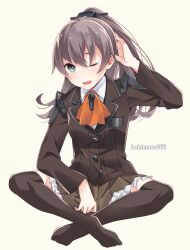 Rule 34 | 1girl, absurdres, aqua eyes, ascot, blazer, brown hair, brown jacket, brown skirt, brown thighhighs, collared shirt, frilled skirt, frills, highres, indian style, jacket, kantai collection, kukimaru, kumano (kancolle), long hair, looking at viewer, one eye closed, orange ascot, ponytail, school uniform, shirt, simple background, sitting, skirt, solo, thighhighs, white background