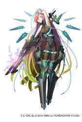 Rule 34 | 1girl, armpits, black legwear, blonde hair, blue hair, breasts, energy weapon, full body, gradient hair, hair over one eye, hand in own hair, leotard, long hair, long torso, looking at viewer, mechanical legs, multicolored hair, navel covered, official art, pink hair, purple eyes, simple background, small breasts, solo, standing, very long hair, white background, yuba no shirushi, zenmaibook