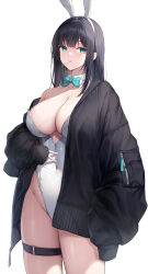 Rule 34 | 1girl, absurdres, animal ears, aqua bow, aqua bowtie, aqua eyes, black hair, black jacket, blush, bow, bowtie, breasts, cleavage, closed mouth, covered navel, cowboy shot, detached collar, fake animal ears, hairband, highleg, highleg leotard, highres, jacket, large breasts, leotard, long hair, long sleeves, looking at viewer, open clothes, open jacket, original, playboy bunny, rabbit ears, simple background, single bare shoulder, solo, thigh strap, thighs, torrentduck, white background, white hairband, white leotard