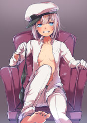 Rule 34 | 10s, 1girl, armchair, barefoot, black bra, blonde hair, blue eyes, bra, unworn bra, breasts, chair, collarbone, feet, female admiral (kancolle), gloves, grin, holding, holding bra, holding clothes, holding underwear, kantai collection, long sleeves, looking at viewer, mataichi mataro, military, military uniform, narumi tsuyu, no bra, open clothes, open shirt, pants, shirt, short hair, sitting, sketch, small breasts, smile, soles, solo, toes, underwear, uniform, white gloves