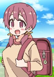 Rule 34 | 1girl, :d, aged down, backpack, bag, blue sky, blush stickers, breasts, brown eyes, brown hair, cloud, commentary, crime prevention buzzer, day, holding strap, long hair, long sleeves, looking at viewer, low twintails, medium breasts, murosaki miyo, nekotoufu, official art, onii-chan wa oshimai!, open mouth, oppai loli, outdoors, randoseru, sky, smile, solo, twintails, upper body