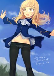 Rule 34 | 1girl, :d, absurdres, aohashi ame, ascot, black pantyhose, blonde hair, blue jacket, blue sky, blunt bangs, character name, cloud, cloudy sky, commentary, dated, day, english text, glasses, heart, highres, jacket, long hair, long sleeves, looking at viewer, lowleg, lowleg panties, military, military uniform, navel, no pants, open mouth, outdoors, outstretched arms, panties, panties under pantyhose, pantyhose, perrine h. clostermann, sky, smile, solo, spread arms, standing, strike witches, translated, underwear, uniform, white ascot, wind, world witches series, yellow eyes