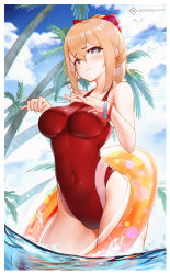Rule 34 | 1girl, absurdres, bare shoulders, bird, blonde hair, blue eyes, blush, breasts, chinese commentary, commentary request, competition swimsuit, covered navel, day, english text, genshin impact, hair between eyes, heart, heart-shaped pupils, highres, innertube, jean (genshin impact), l ract, large breasts, long hair, looking at viewer, one-piece swimsuit, outdoors, palm tree, red one-piece swimsuit, sky, solo, standing, swim ring, swimsuit, symbol-shaped pupils, tree, wading, water, wristband