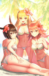 Rule 34 | 3girls, :d, absurdres, ass, bare shoulders, barefoot, beach, bikini, black hair, blonde hair, blush, breasts, cleavage, collarbone, commentary request, dolce (dolsuke), fate/grand order, fate (series), flower, front-tie bikini top, front-tie top, hair between eyes, hair flower, hair ornament, hand on own chest, hand up, head wings, hibiscus, highres, hildr (fate), kneeling, large breasts, long hair, looking at viewer, looking back, lowleg, lowleg bikini, lying, multiple girls, navel, ocean, on side, open mouth, ortlinde (fate), palm tree, pink hair, red eyes, short hair, smile, soles, strapless, strapless bikini, swimsuit, thrud (fate), tree, underboob, valkyrie (fate), very long hair, white bikini, wings