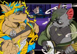 Rule 34 | 3boys, abs, absol (dkqthf), animal ears, another eidos-r, architecture, arm tattoo, bandages, bara, bare pectorals, biceps, black hair, blonde hair, chest tattoo, clenched hand, covered abs, crop top, drum, east asian architecture, electricity, facial hair, fu (another eidos), furry, furry male, glasses, green hair, headband, horns, instrument, jacket, japanese clothes, jewelry, katana, kimono, looking at viewer, multiple boys, muscular, muscular male, nail polish, necklace, pectorals, rai (another eidos), rasho (another eidos), serious, shamisen, smirk, stubble, sword, table, taiko drum, tank top, tattoo, thick arms, veins, weapon, wind, yin yang, yukata