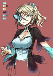 Rule 34 | 1girl, blonde hair, blue eyes, breasts, bug, butterfly, butterfly eyepatch, cleavage, cloud kingdom, color guide, detached sleeves, eyepatch, bug, large breasts, one side up, original, pas (paxiti), red background, solo, upper body