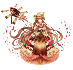 Rule 34 | 1girl, bad id, bad pixiv id, bow, brown dress, brown footwear, brown gloves, brown hair, chocolate, covered navel, crown, dress, food fantasy, food-themed clothes, full body, gloves, green bow, green eyes, highres, long hair, looking at viewer, lunacle, puffy short sleeves, puffy sleeves, short sleeves, simple background, smile, spoon, standing, tiramisu, tiramisu (food fantasy), very long hair, white background