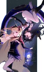 Rule 34 | 2girls, bare shoulders, barefoot, black background, black bow, black dress, black hair, black sleeves, black thighhighs, blush, border, bow, bow (weapon), breasts, cape, closed mouth, commentary request, curvy, detached sleeves, dress, earrings, ereshkigal (fate), expressionless, fate/grand order, fate (series), feet out of frame, floating hair, fomnant, foot out of frame, glint, hair bow, hand up, highres, holding, holding bow (weapon), holding weapon, ishtar (fate), jewelry, knee up, long hair, looking at viewer, medium breasts, multiple girls, red bow, red cape, red eyes, short dress, siblings, signature, simple background, single thighhigh, sisters, sleeves past wrists, strapless, strapless dress, thighhighs, thighs, tiara, twitter username, two side up, upside-down, weapon, white border