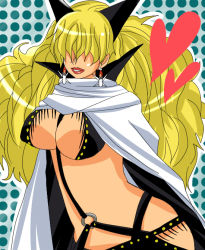 Rule 34 | 1girl, bad id, bad pixiv id, blonde hair, breasts, candle, cape, chiroru shimai, cleavage, cloak, earrings, female focus, fringe trim, hair over eyes, heart, horns, impel down, jewelry, lipstick, makeup, one piece, polka dot, polka dot background, revealing clothes, sadi-chan, solo