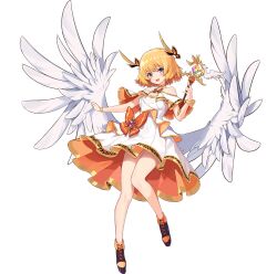 Rule 34 | 1girl, angel wings, ark order, artist request, black footwear, blonde hair, bow, bracelet, capelet, dress, dress bow, feathered wings, full body, gold trim, holding, holding wand, iris (ark order), jewelry, looking at viewer, low twintails, multicolored eyes, official art, orange bow, purple eyes, shoes, short hair, sidelocks, sleeveless, sleeveless dress, solo, tachi-e, transparent background, twintails, wand, white capelet, white dress, white wings, wings, yellow eyes
