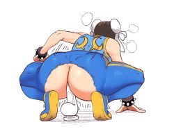 Rule 34 | 1girl, puff of air, alternate costume, anal, anal object insertion, arm support, ass, ass juice, back, bare arms, bare shoulders, blue bodysuit, blue footwear, bodysuit, bracelet, breath, brown hair, bun cover, butt crack, capcom, chun-li, dildo, dildo riding, double bun, from behind, full body, gold trim, hand on thigh, highres, huge ass, jewelry, leaning forward, legs, motion lines, multicolored footwear, object insertion, sex toy, shadow, shoelaces, shoes, short hair, simple background, skin tight, sleeveless, sleeveless bodysuit, sneakers, solo, spiked bracelet, spikes, spread legs, squatting, street fighter, street fighter zero (series), thick thighs, thighs, tiptoes, tobias leviathan, torn bodysuit, torn clothes, white background, wide hips, yellow footwear