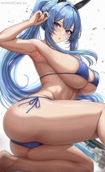 Rule 34 | 1girl, abpart, arm up, armpits, ass, bikini, blue bikini, blue eyes, blue hair, blush, breasts, double-parted bangs, goddess of victory: nikke, helm (aqua marine) (nikke), helm (nikke), highres, large breasts, long hair, looking at viewer, lying, on side, ponytail, sideboob, sidelocks, solo, swimsuit, thighs, very long hair