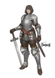 Rule 34 | 1girl, absurdres, armor, artist name, brown gloves, brown hair, full body, gloves, grey eyes, highres, knight, looking at viewer, planted, planted sword, planted weapon, plate armor, sheath, short hair, simple background, solo, sonech, standing, sword, weapon, white background