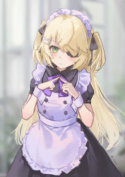Rule 34 | 1girl, absurdres, apron, black dress, black ribbon, blonde hair, blurry, blurry background, bow, bowtie, chuunibyou, cuff links, dress, eyepatch, fischl (ein immernachtstraum) (genshin impact), fischl (genshin impact), garden, genshin impact, green eyes, greenhouse, hair ornament, hairclip, highres, index fingers together, long hair, maid, maid apron, maid headdress, puffy short sleeves, puffy sleeves, purple bow, purple bowtie, ribbon, short sleeves, shy, single thighhigh, thighhighs, two side up, white apron, yukiri (l ii)
