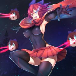 Rule 34 | 1girl, :d, armpits, black thighhighs, blank eyes, bow, breasts, cape, covered erect nipples, covered navel, disembodied head, eye beam, feet out of frame, gloves, glowing, glowing eyes, hair bow, highres, leotard, night, night sky, open mouth, outdoors, puck100ml, red hair, red skirt, sekibanki, short hair, skin tight, skirt, sky, smile, solo, thighhighs, touhou, yukkuri shiteitte ne