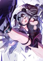 Rule 34 | 1girl, animal ears, arknights, black dress, breasts, cleavage, clothing cutout, dress, eyewear on head, feater (arknights), highres, jacket, kneepits, large breasts, looking at viewer, open clothes, open jacket, panda ears, panda girl, seigetsu kotaku, smile, solo, thigh strap
