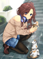 Rule 34 | 1girl, absurdres, bare shoulders, black pantyhose, blue eyes, blush, brown hair, cat, commentary request, denim, denim shorts, from side, go-toubun no hanayome, headphones, headphones around neck, highres, holding, kneeling, long hair, long sleeves, looking at viewer, nakano miku, pantyhose, red footwear, shoes, short shorts, shorts, smile, solo, sweater, tries