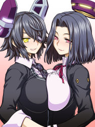 Rule 34 | 10s, 2girls, black hair, breast press, breasts, eyepatch, grin, halo, highres, itou yuuji, kantai collection, large breasts, looking at viewer, mechanical halo, multiple girls, parted lips, red eyes, short hair, smile, symmetrical docking, tatsuta (kancolle), tenryuu (kancolle), yellow eyes