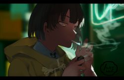 Rule 34 | blurry, blurry background, brown hair, china dress, chinese clothes, cigarette, commentary, depth of field, dress, english commentary, fingernails, hands up, holding, letterboxed, lighter, lowe (slow), mouth hold, original, smoke, smoking, solo, yellow eyes