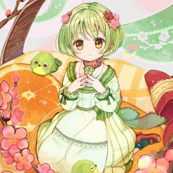 Rule 34 | 1girl, :o, ankle socks, back bow, bird, blush, bow, bug, butterfly, buttons, collar, collared dress, dress, flower, food, frilled collar, frilled sleeves, frills, fruit, green hair, hacosumi, hair flower, hair ornament, high collar, highres, insect, long dress, long sleeves, looking at viewer, mary janes, open mouth, orange (fruit), original, oversized food, oversized object, patterned clothing, personification, plaid, plum blossoms, red footwear, seiza, shoes, short hair, sitting, sleeve bow, socks, solo, yellow eyes