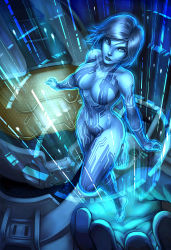 Rule 34 | 1boy, 1girl, armor, barefoot, black hair, black skin, blue eyes, blue hair, blue skin, bob cut, breasts, collarbone, colored skin, cortana, from above, gloves, halo (game), helmet, hologram, holographic woman, kuroi-tsuki, large breasts, lens flare, looking at viewer, looking up, master chief, multicolored skin, navel, no nipples, no pussy, nose, nude, parted lips, power armor, power suit, short hair, size difference, toenails, toes, two-tone skin