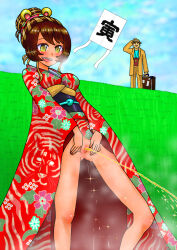Rule 34 | 1boy, 1girl, animal print, bare legs, blush, breasts, brown hair, fang, feet out of frame, floral print, grass, highres, japanese clothes, kimono, kimono pull, kite, lips, medium breasts, no panties, nokironokii, open mouth, original, outdoors, peeing, pussy, red kimono, short hair, sky, smile, solo focus, spread pussy, standing, suitcase, teeth, thighs, tiger print, upper teeth only, water drop, yellow eyes, yukata